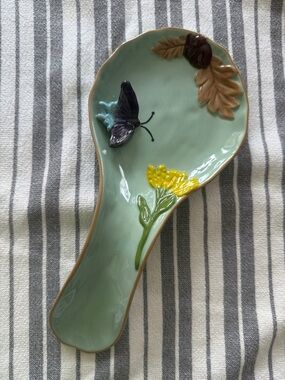 Brand New Ceramic Butterfly Spoon Rest with Floral Motif - Mint Green